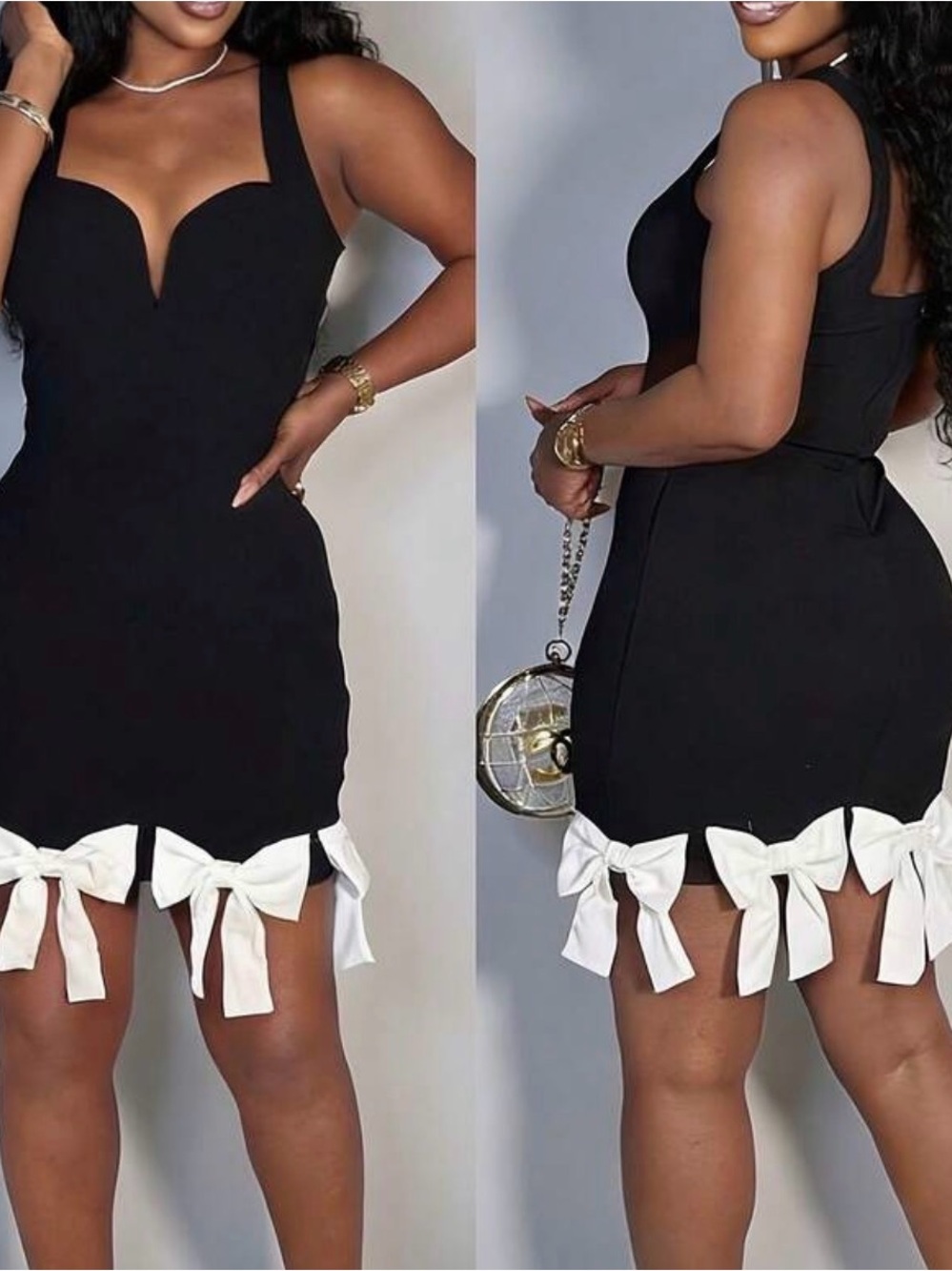 SHEIN Black Mini Dress with White Bow Hem